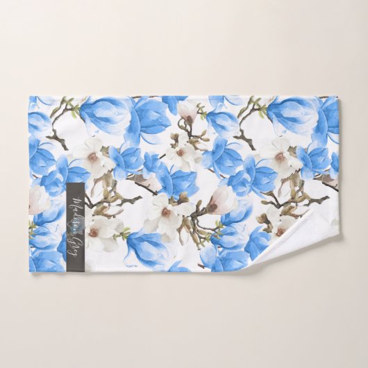 Blauw en wit Magnolia Blossom Waterverf Patroon Bad Handdoek (Handdoek)