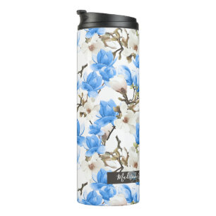 Blauw en wit Magnolia Blossom Waterverf Patroon Thermosbeker