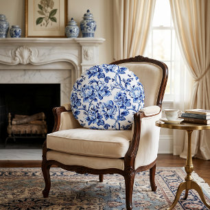 Blauw en Wit Magnolia's Toile de Jouy Rond Kussen