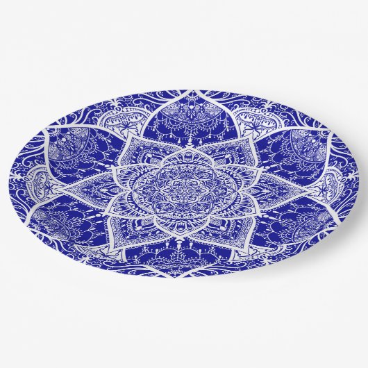 Blauw en wit Mandala - Loergann in Sapphire Papieren Bordje (Gekanteld)