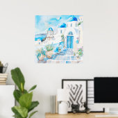 Blauw en Wit Mediterraans Santorini Travel Art Poster (Thuiskantoor)