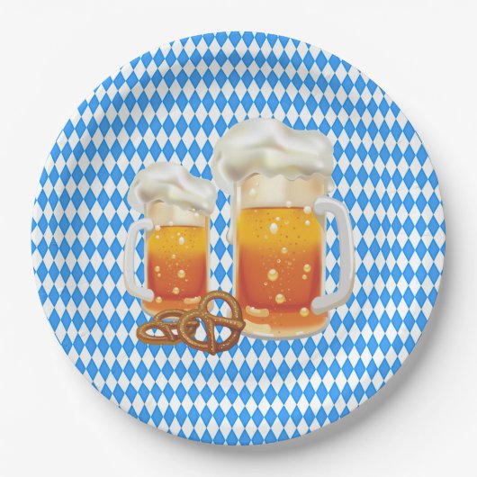 Blauw en wit met Beer Steins Oktoberfest Papieren Bordje (Voorkant)