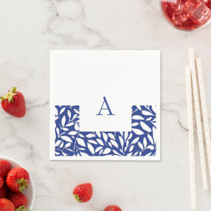 Blauw en wit monogram bladpatroon II Servet