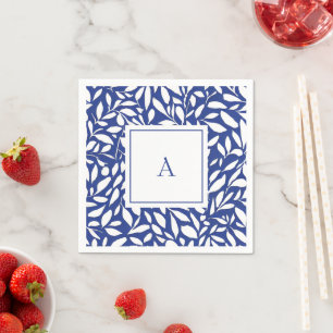 Blauw en wit monogram bladpatroon servet