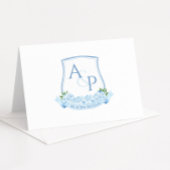 Blauw en wit Monogram Botanische Crest Bruiloft Bedankkaart