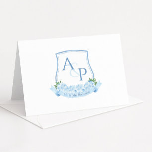 Blauw en wit Monogram Botanische Crest Bruiloft Bedankkaart