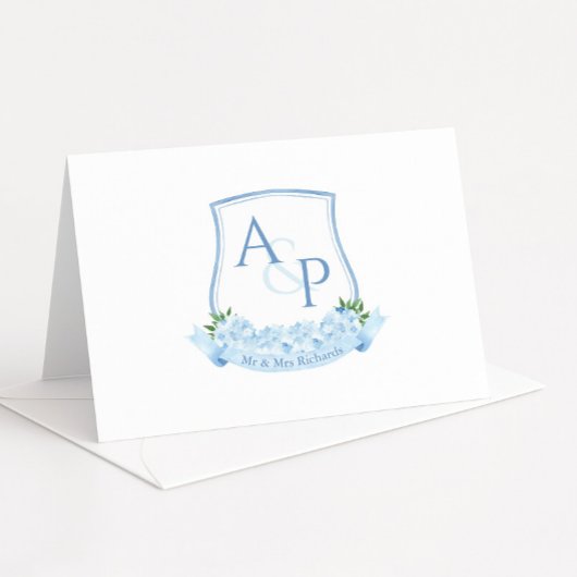 Blauw en wit Monogram Botanische Crest Bruiloft Bedankkaart