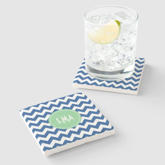 Blauw en wit monogram Chevron Geometric Pattern Stenen Onderzetter (Zijkant)