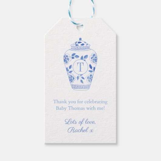 Blauw en wit Monogram Ginger Jar Baby shower Cadeaulabel (Voorkant)