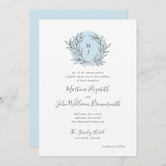 Blauw en Wit Monogram Krans Bruiloft Uitnodiging (Voorkant / Achterkant)