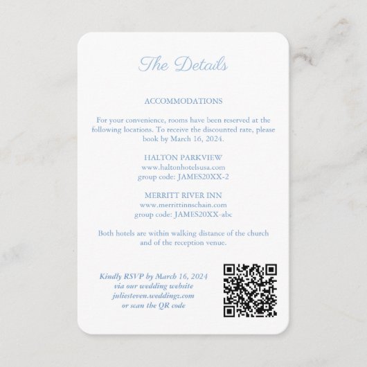 Blauw en Wit Monogram QR Code Bruiloft Details Informatiekaartje (Voorkant)