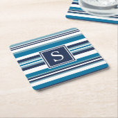 Blauw en wit multi-Stripe monogram Vierkante Kartonnen Onderzetter (Schuin)