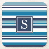 Blauw en wit multi-Stripe monogram Vierkante Kartonnen Onderzetter (Voorkant)