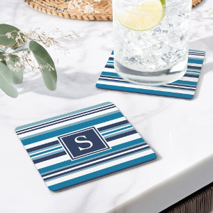 Blauw en wit multi-Stripe monogram Vierkante Kartonnen Onderzetter