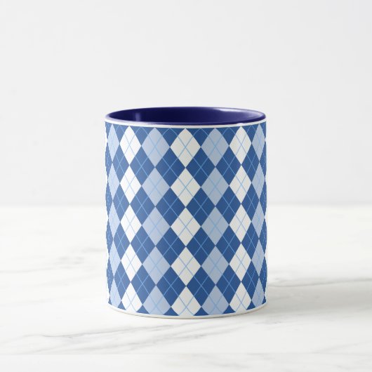 Blauw en wit, naadloos argyle-patroon mok (Midden)