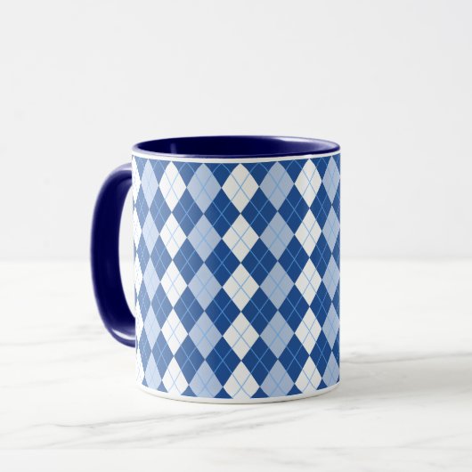 Blauw en wit, naadloos argyle-patroon mok (Voorkant links)