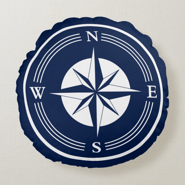 Blauw en wit Nautical Compass, Nautisch Rond Kussen (Voorkant)