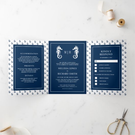 Blauw en Wit Nautisch Anker Seahorse Bruiloft Drieluik Uitnodiging (Binnen)