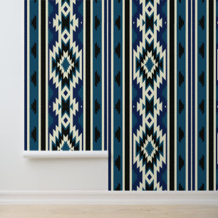 Blauw en wit Navajo Design Patroon Behang