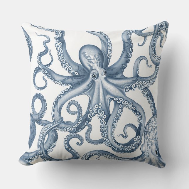 Blauw en wit Octopus Design Kussen. Kussen (Voorkant)