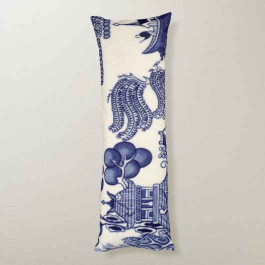 Blauw en Wit Oosters Chinoiserie Lichaamskussen (Achterkant (Verticaal))