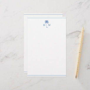 Blauw en Wit Palm Palmetto Boom Monogram Briefpapier