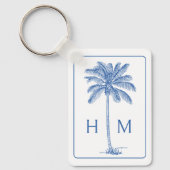 Blauw en Wit Palm Palmetto Boom Monogram Sleutelhanger (Voorkant)