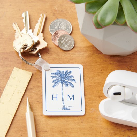 Blauw en Wit Palm Palmetto Boom Monogram Sleutelhanger (Bureau)