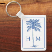 Blauw en Wit Palm Palmetto Boom Monogram Sleutelhanger (Voorkant)