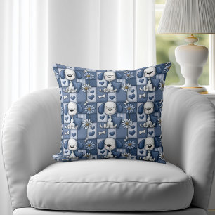 Blauw en Wit Patchwork Hond Patroon Kussen