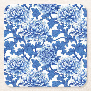 Blauw en wit pioen chinoiserie bloemmotief vierkante kartonnen onderzetter