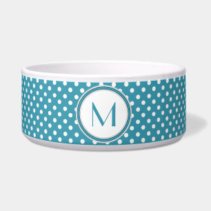 Blauw en Wit Polka Dot Monogram Dierenbak Voerbakje