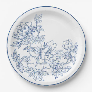 Blauw en Wit Porselein Bloemmotief Papieren Bordje