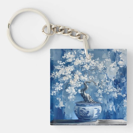 Blauw en wit Porselein China Chinoiserie Cherry Sleutelhanger (voorkant)