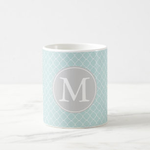 Blauw en Wit Quatrefoil Patroon Monogram Koffiemok