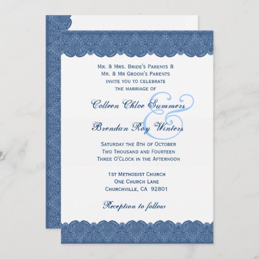 Blauw en wit ras Elegant Monogram Wedding R438 Kaart (Voorkant / Achterkant)