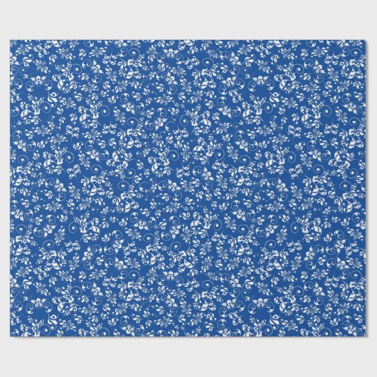 Blauw en wit  retro floreel patroon cadeaupapier (Vlak)