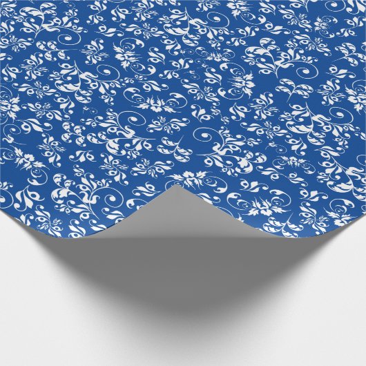 Blauw en wit  retro floreel patroon cadeaupapier (Hoek)
