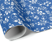 Blauw en wit  retro floreel patroon cadeaupapier (Rol Hoek)