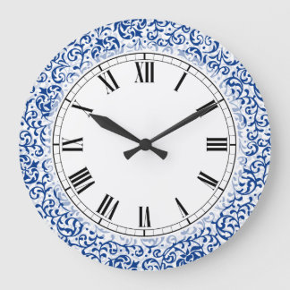Blauw en wit Roos Damask Grote Klok