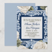 Blauw en Wit Rose Wedding Design Kaart (Voorkant / Achterkant)