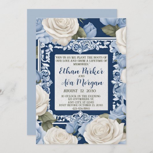 Blauw en Wit Rose Wedding Design Kaart (Voorkant / Achterkant)