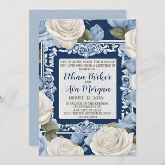 Blauw en Wit Rose Wedding Design Kaart