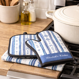 Blauw en Wit, Sashiko patroon Ovenwant & Pannenlap Set
