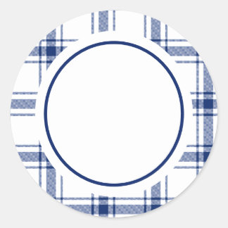 Blauw en wit scheepsplaid ronde sticker