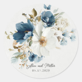 Blauw en wit schilderachtige bloemenbruiloft ronde sticker