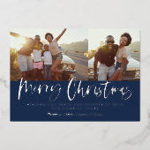 Blauw en wit script, veelzijdige kerstfoto folie feestdagenkaart (Voorkant)