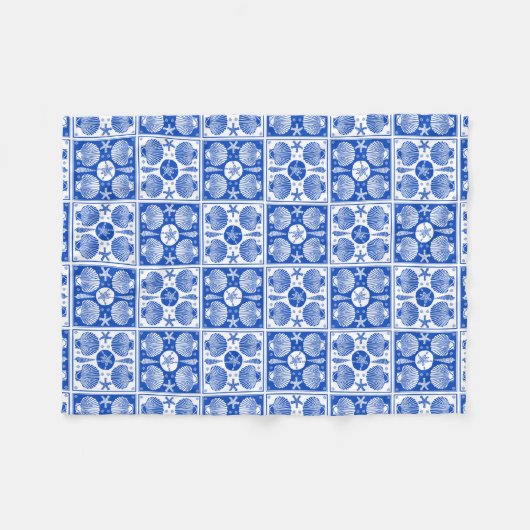 Blauw en wit Seashell Beach Block Pattern Fleece Deken (Voorkant (Horizontaal))