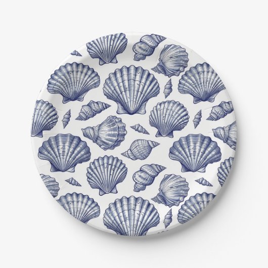 Blauw en wit Seashell Clam Shell Beach Borden Papieren Bordje (Voorkant)