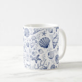 Blauw en Wit Seashell Zeestervis Nautische Mok (Voorkant rechts)